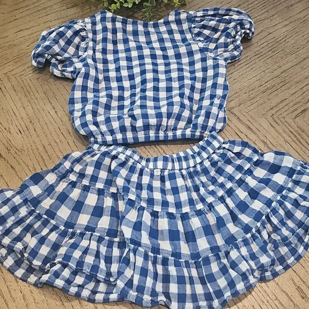 Blue and White Gingham Top and Skirt Set 6X XS 100% Cotton